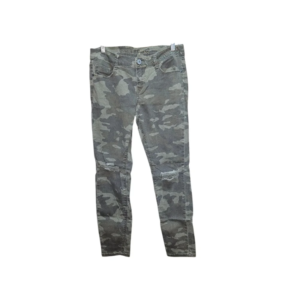 Women's (Juniors) Camo Slit Knee Destructed Skinny Denim Jeans SZ 9 Deep Olive
